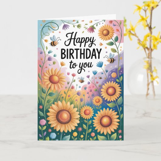 Carte Joyeux Tournesol et Abeille Anniversaire (Fleur jaune)