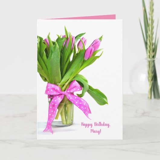 Carte Joyeux tulipes roses d'anniversaire dans un vase (Devant)
