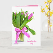 Carte Joyeux tulipes roses d'anniversaire dans un vase (Fleur jaune)