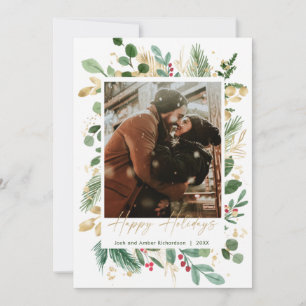 Carte Joyeux Vacances aquarelle verdure or rouge saint