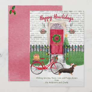 Carte Joyeux Vacances Brown Dachshund Vélo Porte Rouge