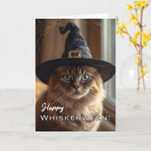 Carte Joyeux Whiskerween avec Chat Sorcière d'Halloween (Fleur jaune)