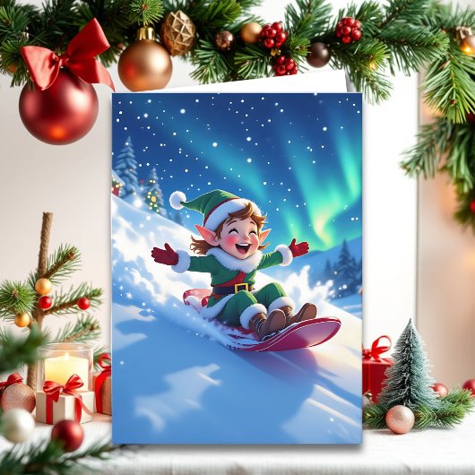 Carte Joyful Christmas Elf Sledding Personalize
