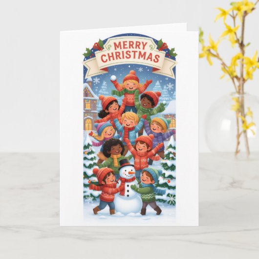 Carte Joyful Christmas Pyramid – Kids Building a Snowman (Fleur jaune)