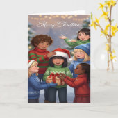 Carte Joyful Gift-Sharing Kids Christmas Card (Fleur jaune)