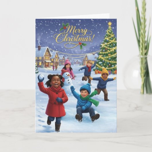 Carte Joyful Kids Playing in the Snow – Merry Christmas (Devant)