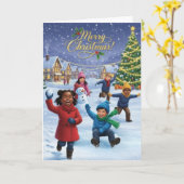 Carte Joyful Kids Playing in the Snow – Merry Christmas (Fleur jaune)