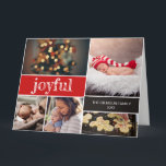 Carte Joyful Modern Script Red Christmas photo collage<br><div class="desc">Personnalisé ce collage de voeux de Noël bébé/carte de faire-part avec vos photos préférées. La carte pliée est parfaite pour exprimer votre enthousiasme à l'annonce de la naissance de votre premier bébé et envoyer vos voeux de Noël à votre famille et vous remercier en même temps. Les mots, les photos,...</div>