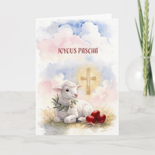 Carte Joyous Pascha Lamb, Red Eggs and Cross (Devant)