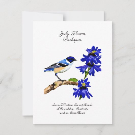 Carte Juillet Mois de naissance Fleur Bluebird et Larksp (Devant)
