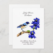 Carte Juillet Mois de naissance Fleur Bluebird et Larksp (Devant / Derrière)