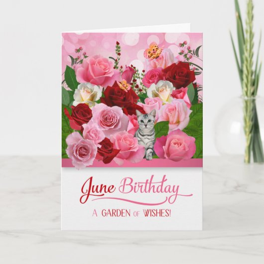 Carte Juin Anniversaire Kitty dans un jardin Rose (Devant)