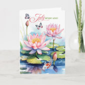 Carte July Birthday Pink Waterlilies and Koi Fish (Devant)