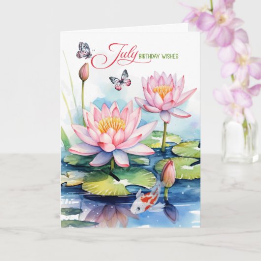 Carte July Birthday Pink Waterlilies and Koi Fish (Orchidée)