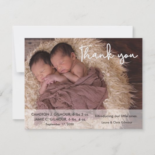 Carte Jumeaux de script moderne Baby shower photo Merci (Devant)