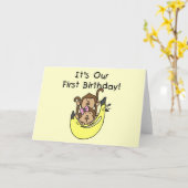 Carte Jumeaux - Jumeau et singe 1er anniversaire (Fleur jaune)