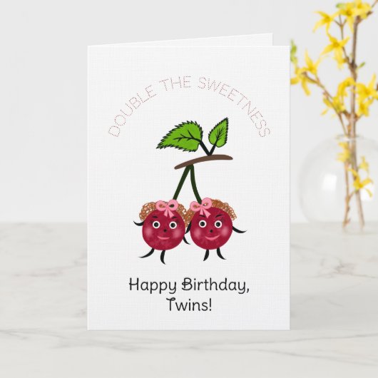 Carte jumelles filles cerise (Fleur jaune)