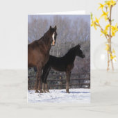 Carte Jument et poulain arabes dans la neige (Fleur jaune)