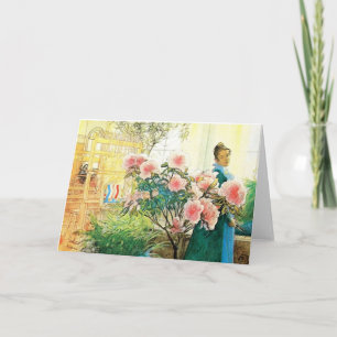 Carte Karin avec des fleurs roses et son métier à tisser