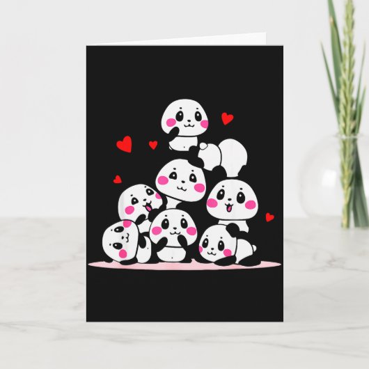 Carte Kawaii Bébé Panda Mignon Tas Avec Coeurs Rouges Sa (Devant)
