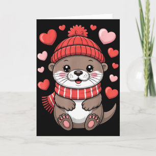 Carte Kawaii Loutre Saint-Valentin Cœurs Écharpe d'Hiver