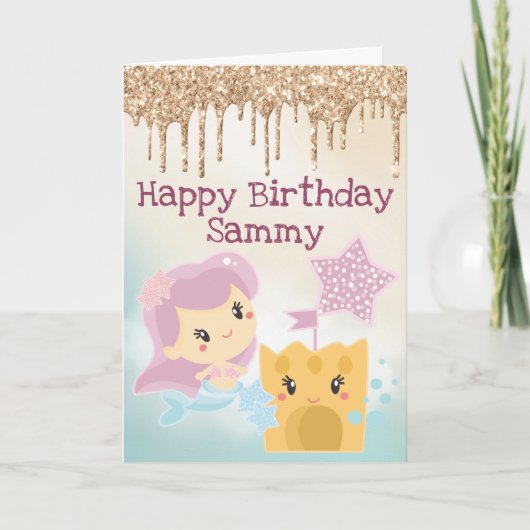 Carte Kawaii Mermaid et Sandcastle Gradient Anniversaire (Devant)