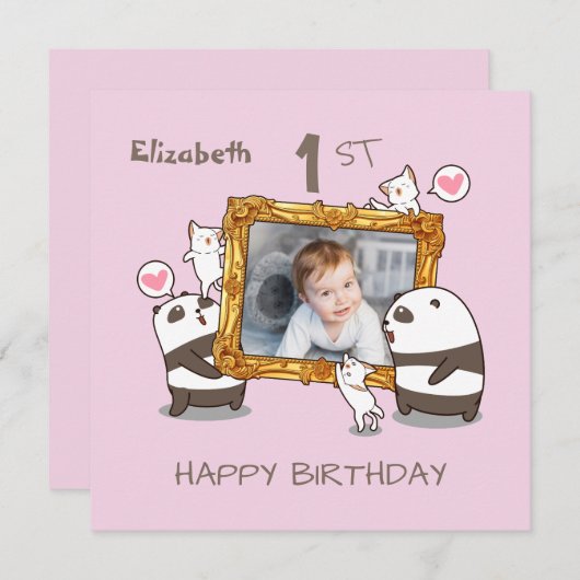 Carte Kawaii pandas et chats photo cadre 1er anniversair (Devant / Derrière)