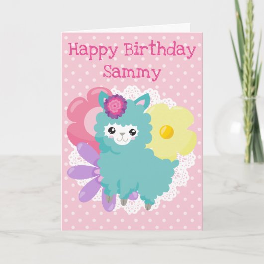 Carte Kawaii Spring Rose Llama Joyeux anniversaire (Devant)