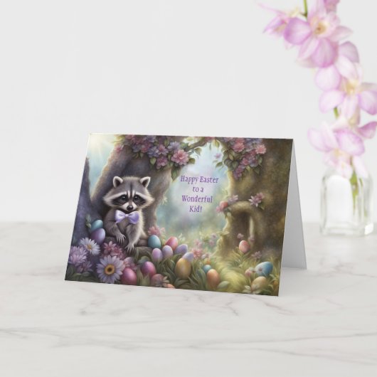 Carte Kid Happy Easter Cute Raccoon and Easter Eggs (Orchidée)