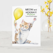 Carte Kids 4th Birthday Cute Cartoon Cat with Name (Fleur jaune)