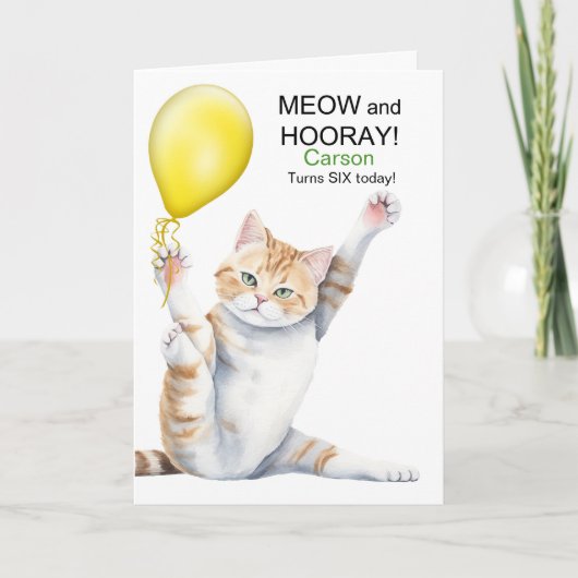 Carte Kids 6th Birthday Cute Cartoon Cat with Name (Devant)