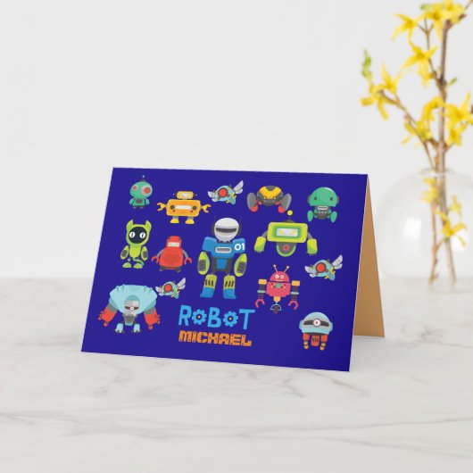 Carte KIDS ROBOT Personnalisé Blue Funny Cartoon Robots (Fleur jaune)