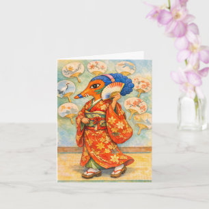 Carte Kitsune en kimono avec éventail