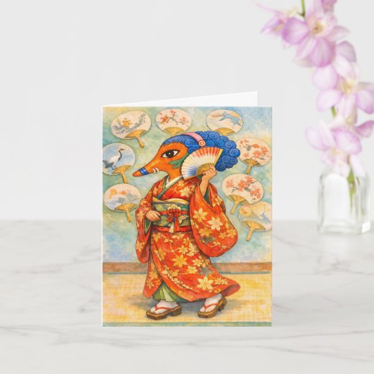 Carte Kitsune en kimono avec éventail (Orchidée)