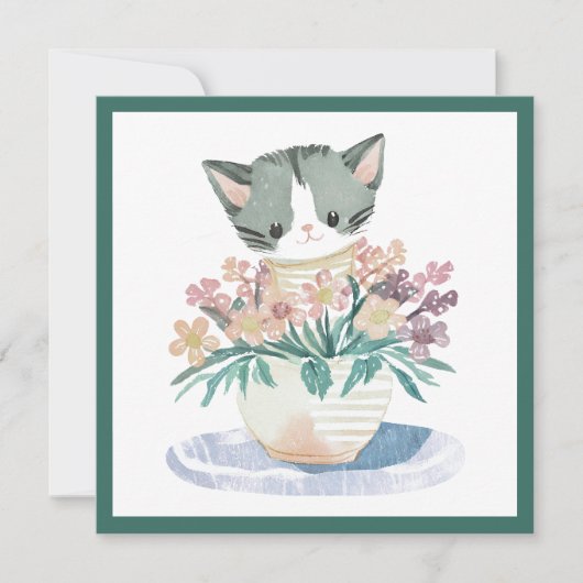Carte Kitten Assis Dans Un Pot De Fleurs Chat Fête Des M (Devant)