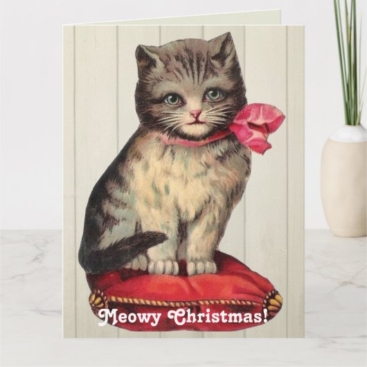 Carte Kitten de Noël assis avec un cou rouge (Devant)