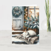Carte Kitten Dors sur Festive Porche avant Noël (Devant)