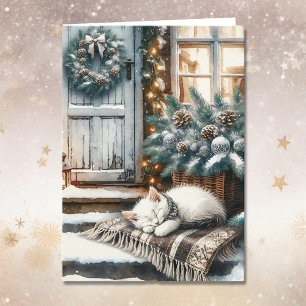 Carte Kitten Dors sur Festive Porche avant Noël