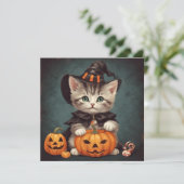 Carte Kitten en costume d'Halloween et Jack-O'Lantern (Debout devant)