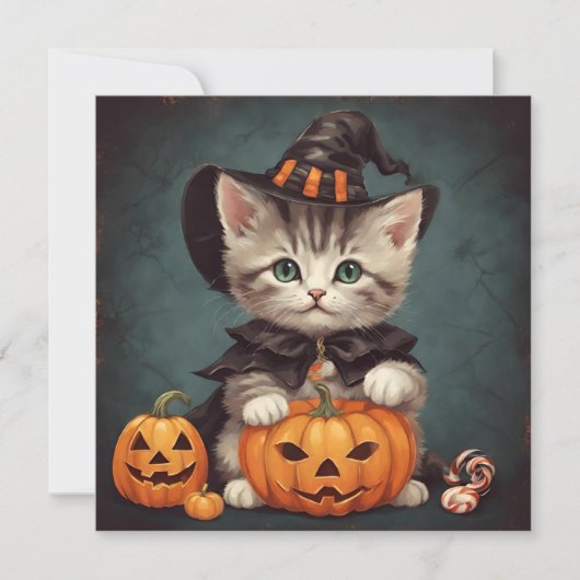 Carte Kitten en costume d'Halloween et Jack-O'Lantern (Devant)