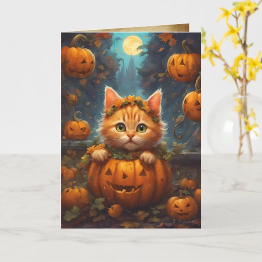 Carte Kitten Jack-O-Lantern, Happy Halloween mignonne (Fleur jaune)