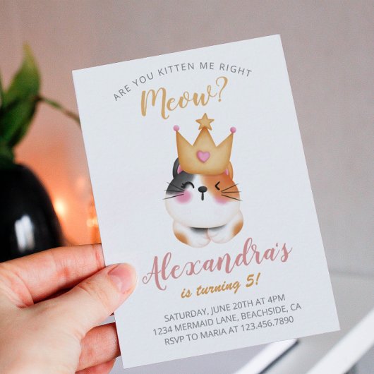 Carte Kitten Meow Couronne rose Fille Kitty Chat Anniver