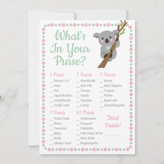 Carte Koala Bear What's In Your Purse Douche Jeu rose (Devant)