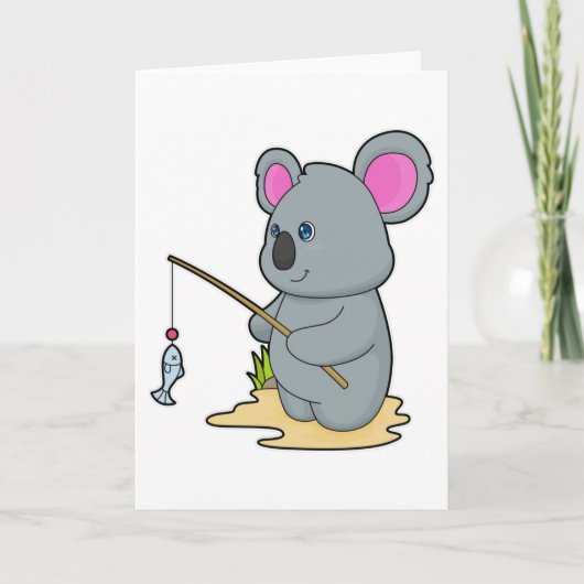 Carte Koala en pêcheur avec canne à pêche et poisson (Devant)