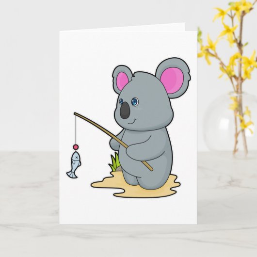 Carte Koala en pêcheur avec canne à pêche et poisson (Fleur jaune)