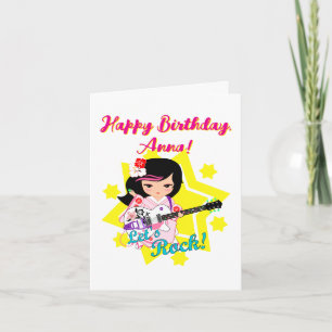 Carte Kokeshi Doll Guitar Joyeux Anniversaire