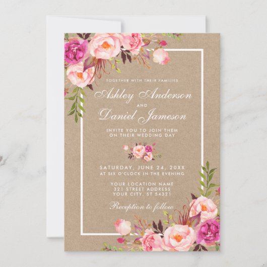 Carte Kraft Aquarelle Rose Blush Floral Wedding Invitati (Devant)