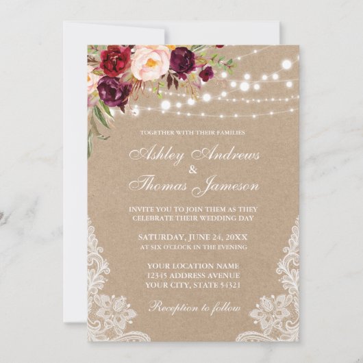 Carte Kraft Burgundy Lumières Florales Lace Mariage Invi (Devant)
