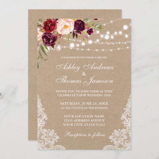 Carte Kraft Burgundy Lumières Florales Lace Mariage Invi (Devant / Derrière)