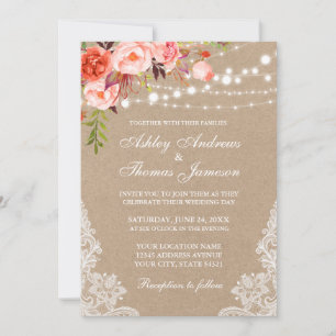 Carte Kraft Coral Floral Lumières Dentelles Inviter